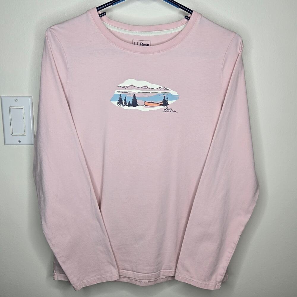 LL BEAN Pink Long Sleeve T Shirt (w/Lake Mountain Canoe Trees Scene) Size M